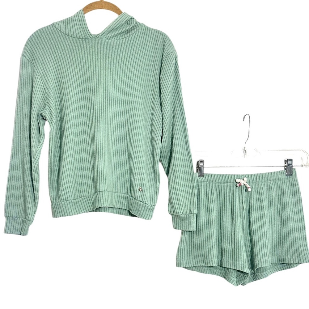Girl’s H&M Mint Green Ribbed Knit Matching Hoodie & Shorts Lounge Set - Size 10